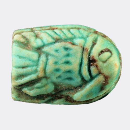 Egyptian Antiquities - Egyptian glazed steatite seal with tilapia fish decoration