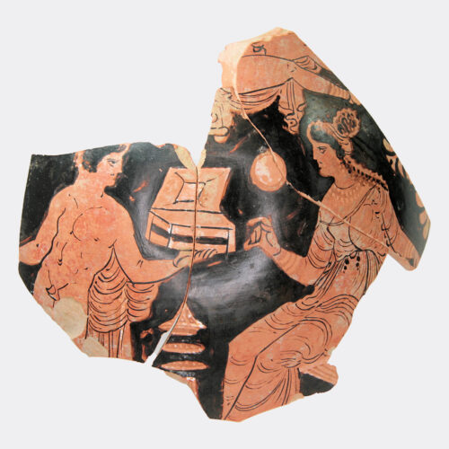 Greek Antiquities - Greek large red figure vase fragment with courting couple and Eros