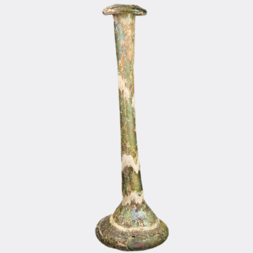 Roman Antiquities - Roman tall green glass vessel with trailing decoration