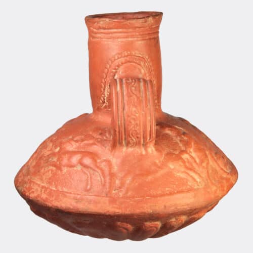 Roman Antiquities - Roman pottery wine lagynos with hunting scene and head of Bacchus