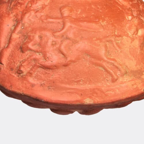 Roman Antiquities - Roman pottery wine lagynos with hunting scene and head of Bacchus