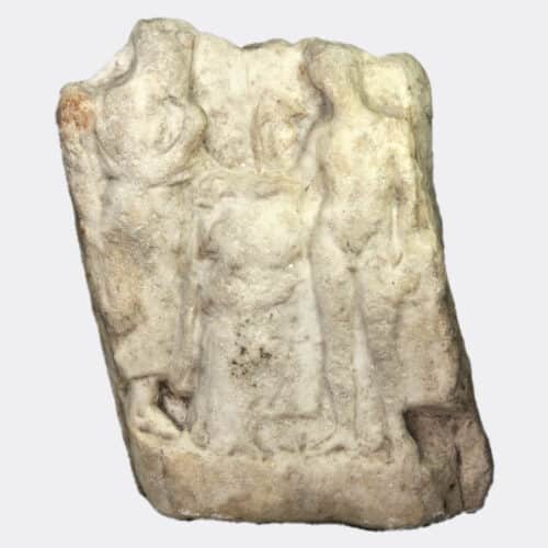 Greek marble stela fragment depicting a heroic warrior and mourners