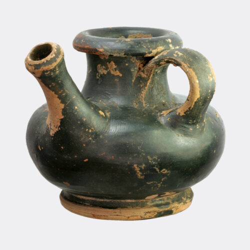 Greek black glazed pottery feeder vessel