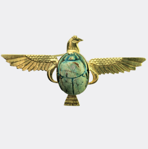 Egyptian glazed steatite scarab in gold brooch