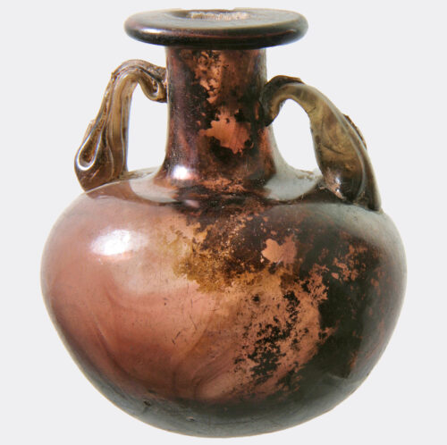 Roman aubergine-purple glass aryballos oil flask