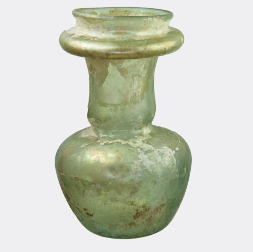 Roman green glass jar with a wide folded neck