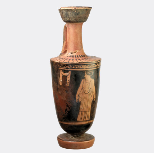 Athenian red figure lekythos depicting a female figure and mirror