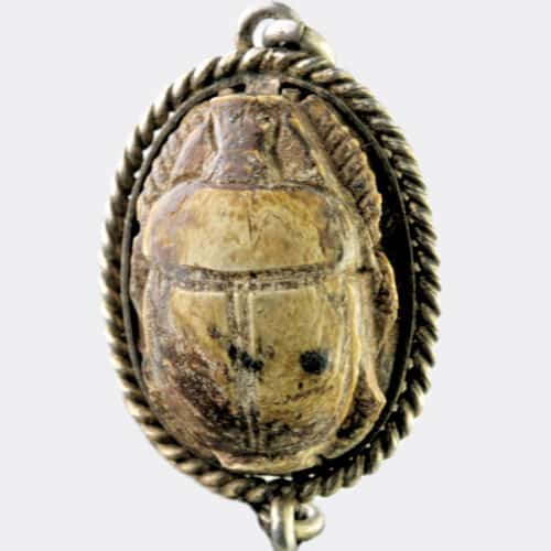 Egyptian Hyksos steatite scarab in later silver mount