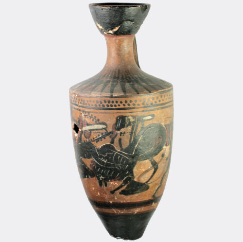 Greek black figure lekythos with Herakles and the Nemean Lion