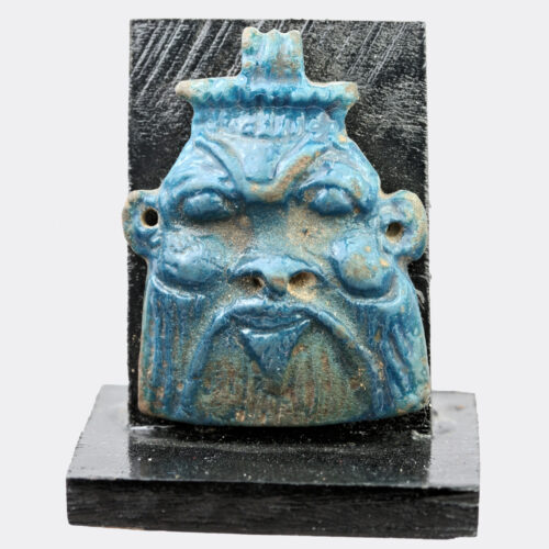 Egyptian large blue faience Bes head amulet