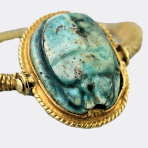 Egyptian glazed steatite scarab in later gold ring
