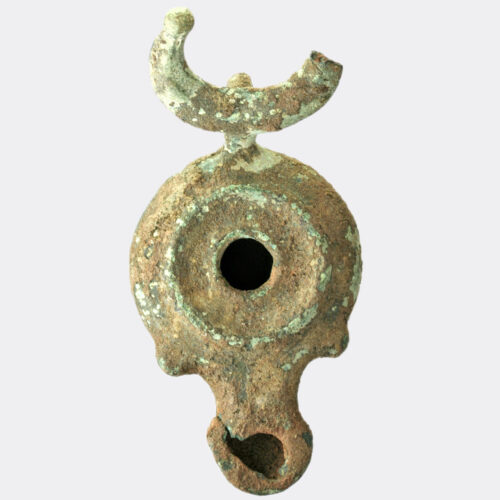 Roman bronze oil lamp with lunular handle