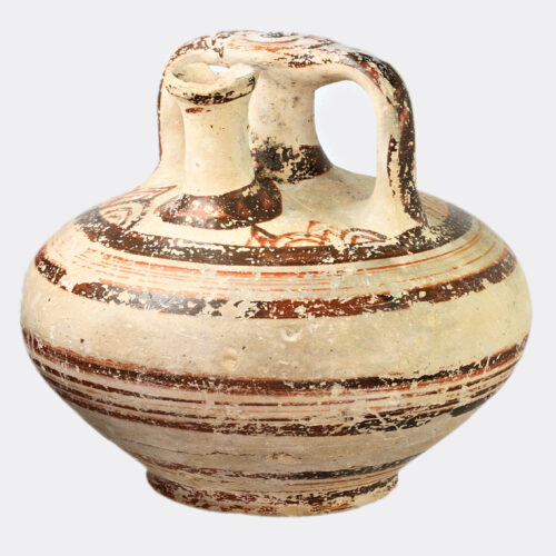 Greek Mycenaean pottery stirrup jar with painted decoration